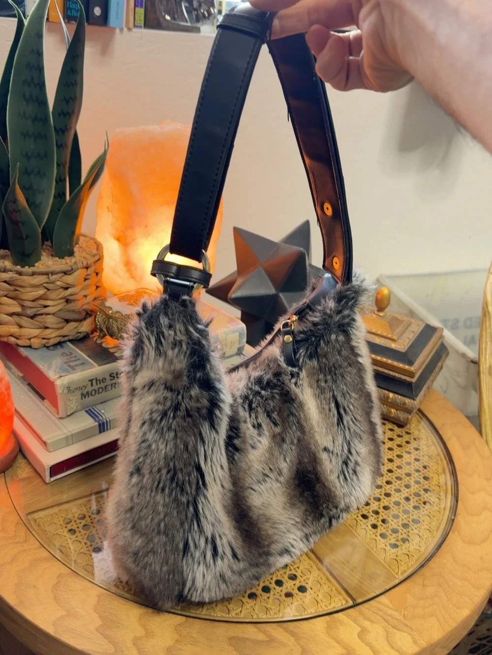 Bueno Faux Fur Hobo Shoulder Bag Y2K Gray Black Purse